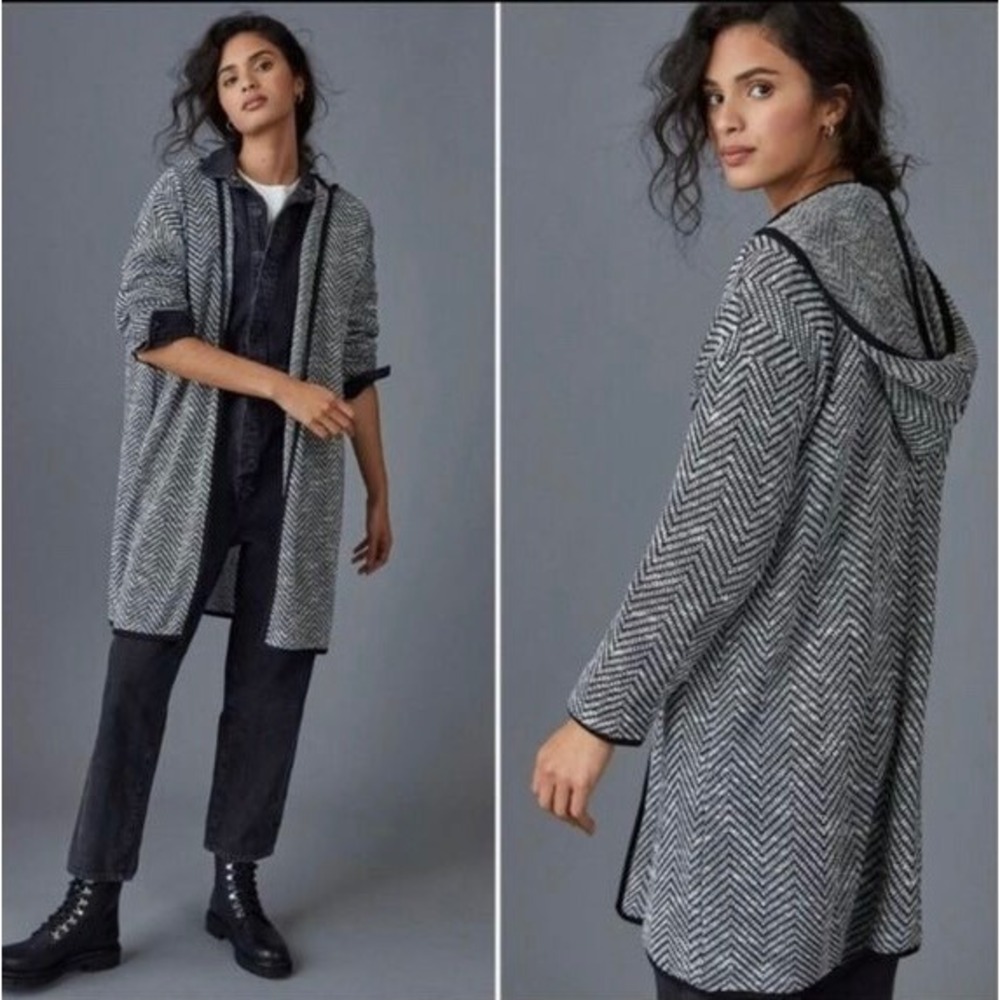 Anthropologie‎ Maeve Bedford Black Herringbone Hooded Cardigan Size XS